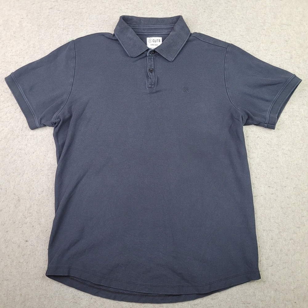 Cuts Curve Hem Polo Shirt Mens Large Black Short Sleeve Stretch Slim Pima Cotton